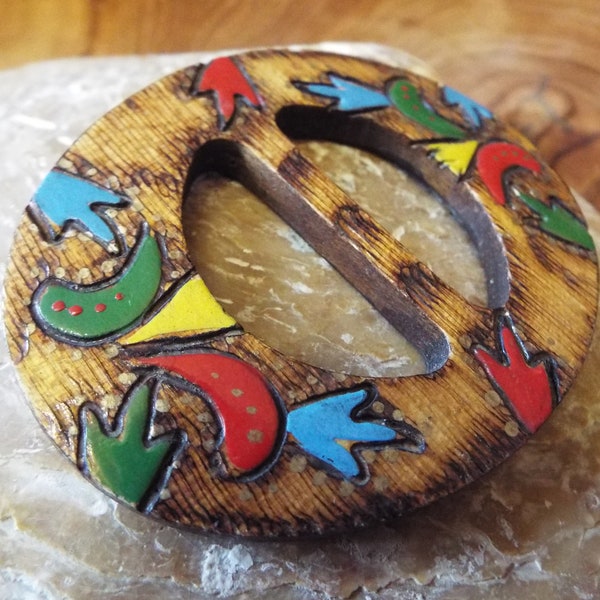 Vintage Painted Wood Belt Buckle~1930s Wooden Belt Buckle~Art Deco  Poker Work Wooden Buckle