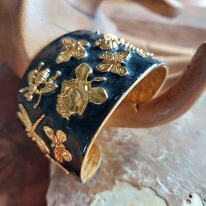 Vintage Kenneth J Lane Black Enamel Insect Cuff Bangle- 1980s Kenneth Lane Enamel Cuff