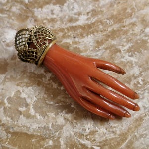 Antique Victorian Celluloid Brooch~1900s Hand Brooch~1900s Coral Celluloid