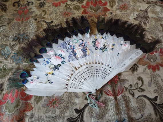 Antique Painted Feather Fan~1800s Painted Feather… - image 1