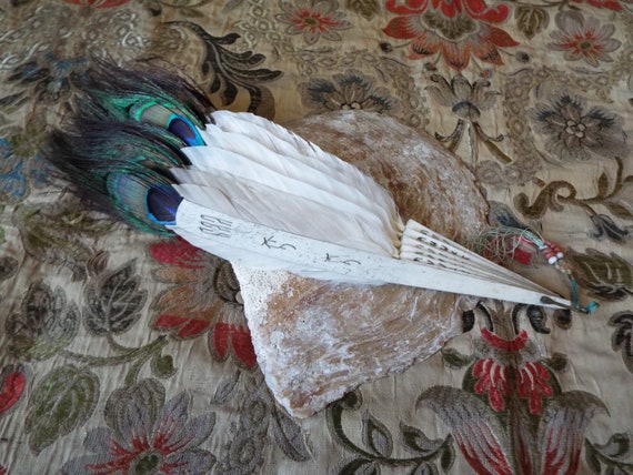 Antique Painted Feather Fan~1800s Painted Feather… - image 3