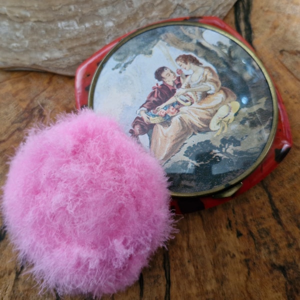 Vintage French Celluloid Powder Compact-French Art Deco Celluloid Compact with Swansdown Puff-1930s Face Powder Compact