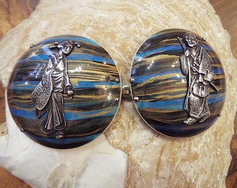 Vintage 1920s Celluloid Buckle~Celluloid Dress buckle with Maio Silver Figures~Oriental Celluloid Buckle