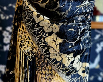 Antique Woven Silk Damask Piano Shawl-1800s Silk Damask Fringed Shawl-1800s French Woven Silk Damask Shawl