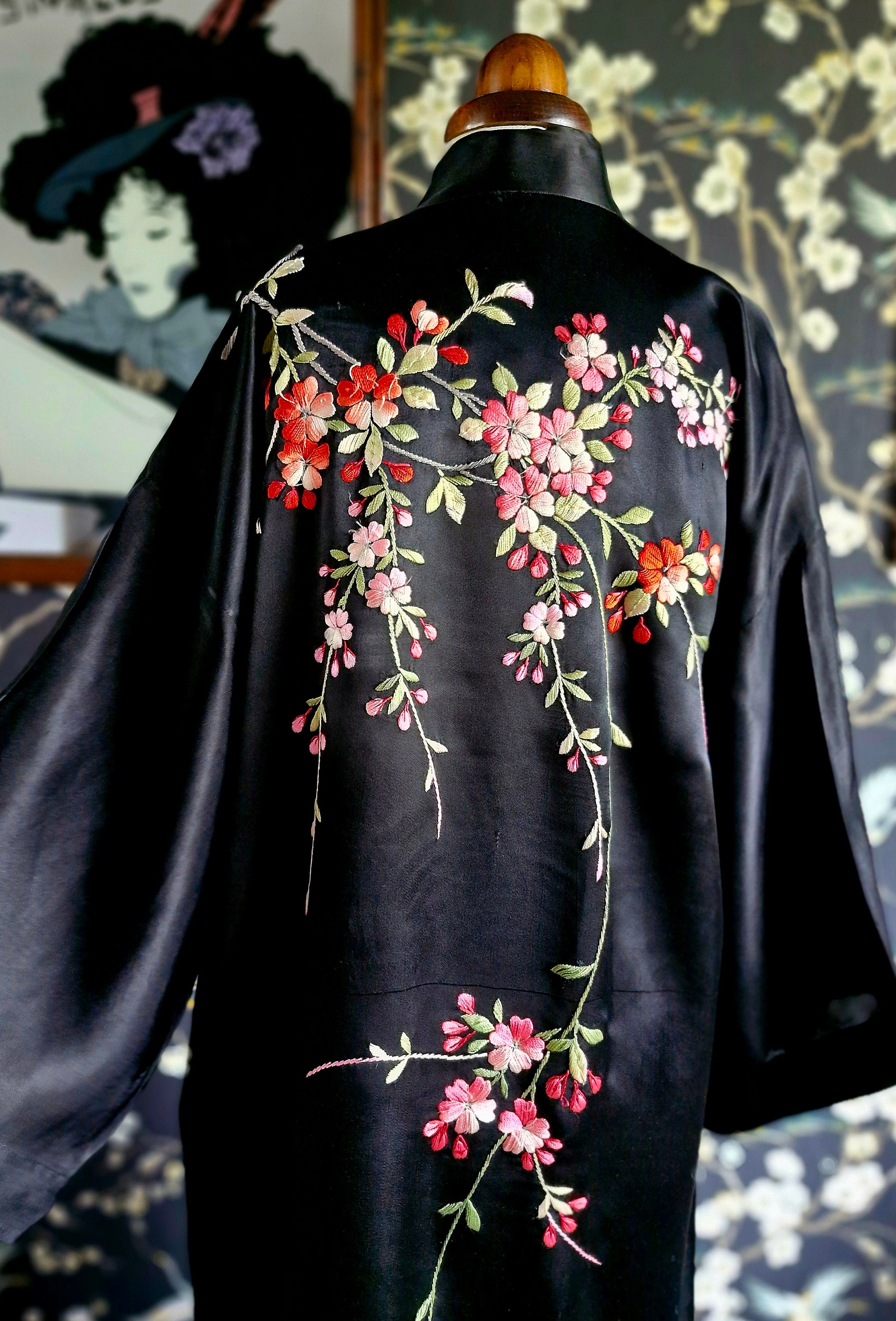 Vintage Hand Embroidered Japanese Kimono Robe-1940s Silk Hand ...