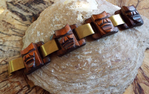 Vintage Tiki Panel Bracelet~1940s Rosewood Tiki Pa