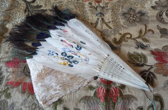 Antique Painted Feather Fan~1800s Painted Feather… - image 10