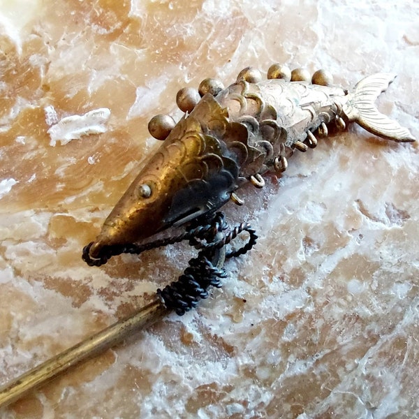 Antiguo pelo chino pin-1800s pelo de pescado articulado chino, sombrero pin-1800s adorno de cabello chino