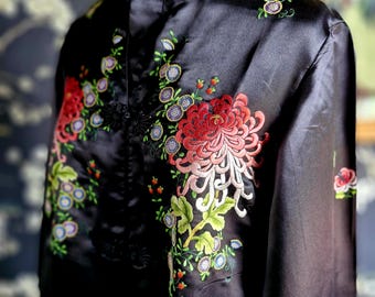 Vintage Chinese Embroidered Jacket-1950s Golden Bee Embroidered Silk Rayon Jacket