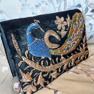 Vintage Zardozi Evening Purse-Late Deco Zardozi Embroidered Peacock Clutch Bag