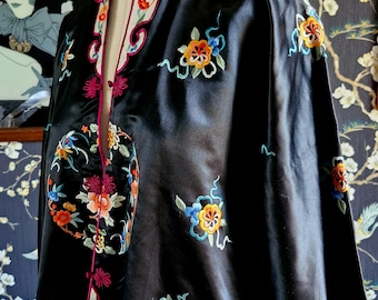 Authentic Black Silk Embroidered Classic Chinese Robe With