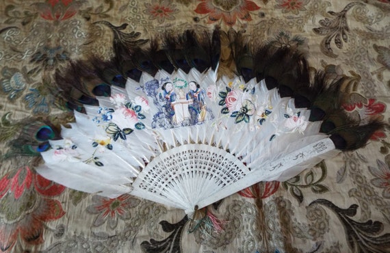 Antique Painted Feather Fan~1800s Painted Feather… - image 7