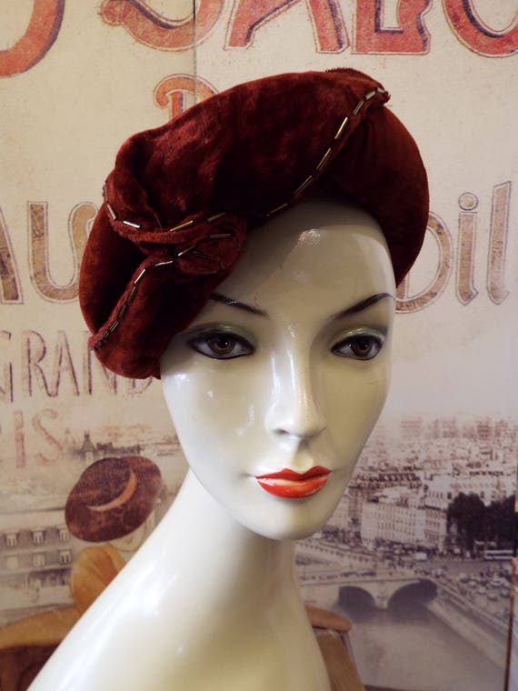 Vintage Silk Turban~1930s Silk Velvet Turban~Art D