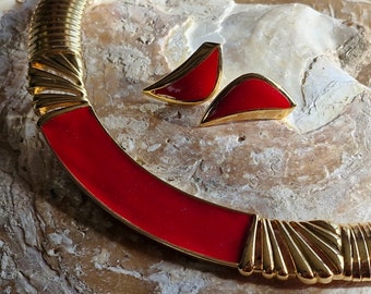 Vintage Monet Enamel Jewellery Set-1980s Monet Signed  Collar Necklace and Earrings
