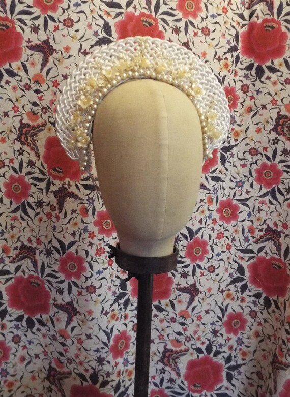 Vintage Wax Flower and Pearl Tiara~1940s Halo Brid