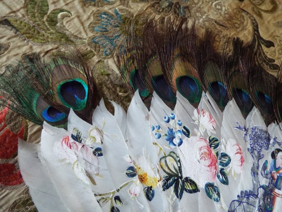 Antique Painted Feather Fan~1800s Painted Feather… - image 5