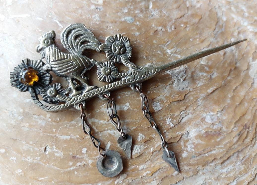 Antique Peruvian Peacock Tupo Shawl Pin Brooch w/Dangling Fish