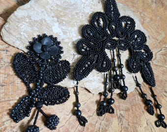 Antique French Jet Beadwork Appliques-1800s Victorian Black Glass Mourning Costume Trim-1800s French Jet, Early Celluloid Beadwork Motifs