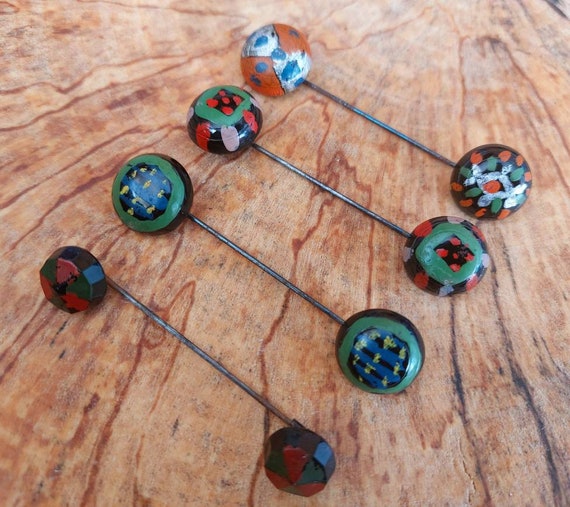 Vintage Glass Jabot Pin1930s Painted French Jet Glas… Gem