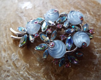 Vintage TRIFARI Floral Brooch~ Rare Trifari 1950s Aurora Borealis~Moulded Rose Stonework