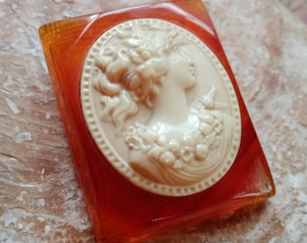 Vintage Bakelite Cameo Brooch-1930s Bakelite and Celluloid Cameo Brooch