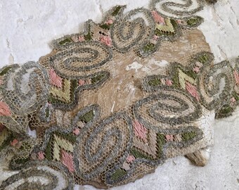 Antique Silver Metallic and Silk Embroidered Tulle Trim-1920s Metallic Lace Trim-Antique Textiles