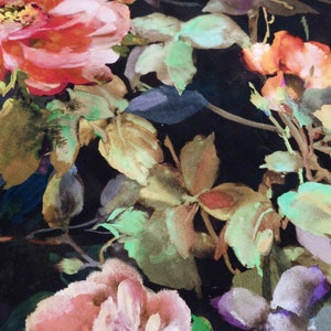 May include: A black background with a watercolor floral pattern. The flowers are pink, red, and orange with green leaves.