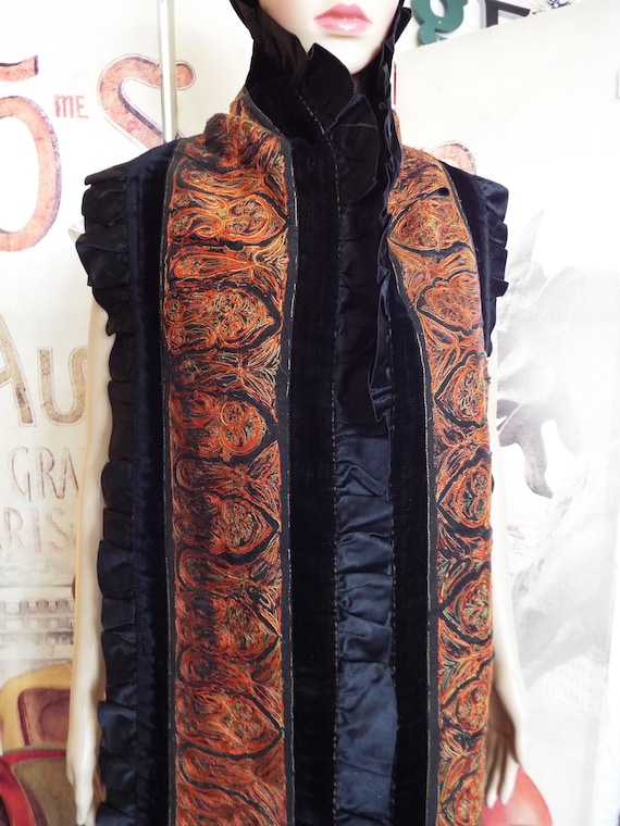 Antique Victorian Scarf~1900s Velvet Embroidered S