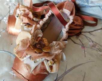 Decorative Pointe Ballet Shoes-Vintage Styled Ballet Pointes with Vintage Velvet Flowers and 1920s Ribbons