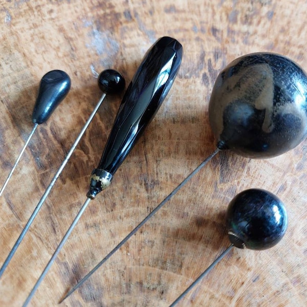 Vintage Hat Pin Collection-Victorian to Art Deco Hat Pin Collection-1890s to 1930s Black Glass and Celluloid Hat Pins