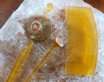 Vintage Japanese Hair Ornament-Taisho period Kanzashi Set-Vintage Japanese Kanzashi, Kushi Comb Set