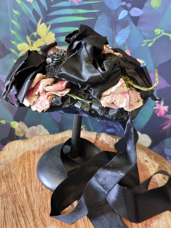 Antique Victorian Bonnet-1800s Satin Ribbon, Sequ… - image 6