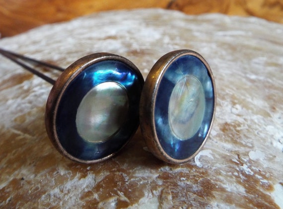 Antique Abalone Hat Pins~Edwardian Hinged Abalone