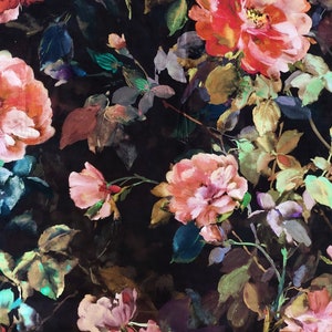 May include: A black background with a watercolor floral pattern. The flowers are pink, red, and orange with green leaves.
