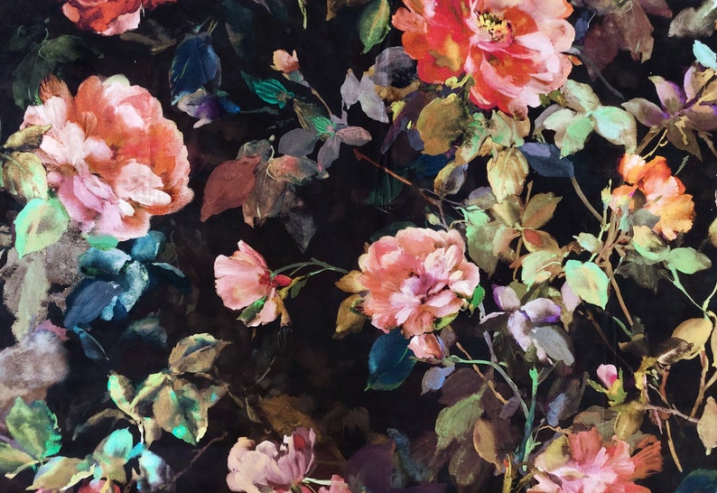 May include: A black background with a watercolor floral pattern. The flowers are pink, red, and orange with green leaves.