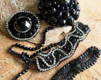Antique French Jet Beadwork Trims: Victorian Mourning Cabochons for Restoration