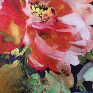 May include: A close-up of a watercolor painting of a large, red and pink flower with a yellow center. The flower is painted on a black background with other smaller flowers and leaves.