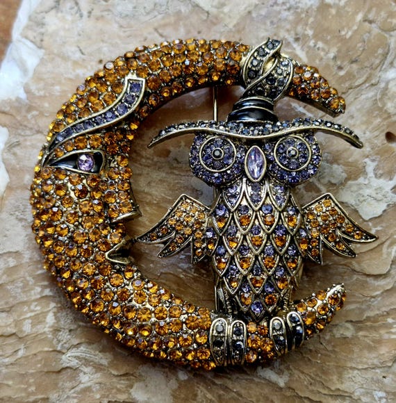 Heidi Daus Moonlighting Brooch-Heidi Daus Signed-Heidi Daus Crystal Owl Brooch