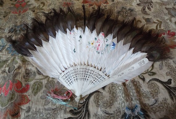 Antique Painted Feather Fan~1800s Painted Feather… - image 9