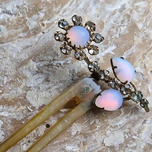 Antique Saphiret Hinged Hair Pin-1900s Edwardian Saphiret, Carved Horn and Paste Stone Hair Pin