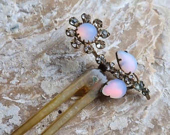 Antique Saphiret Hair Pin: Edwardian Carved Horn & Paste Stone