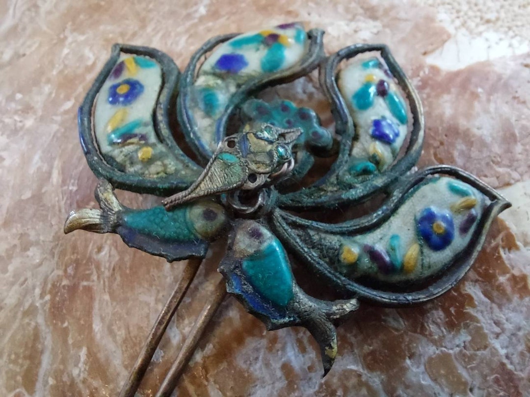 Antique Chinese Hair Pinantique Chinese Enamel Double Prong Hair Pin