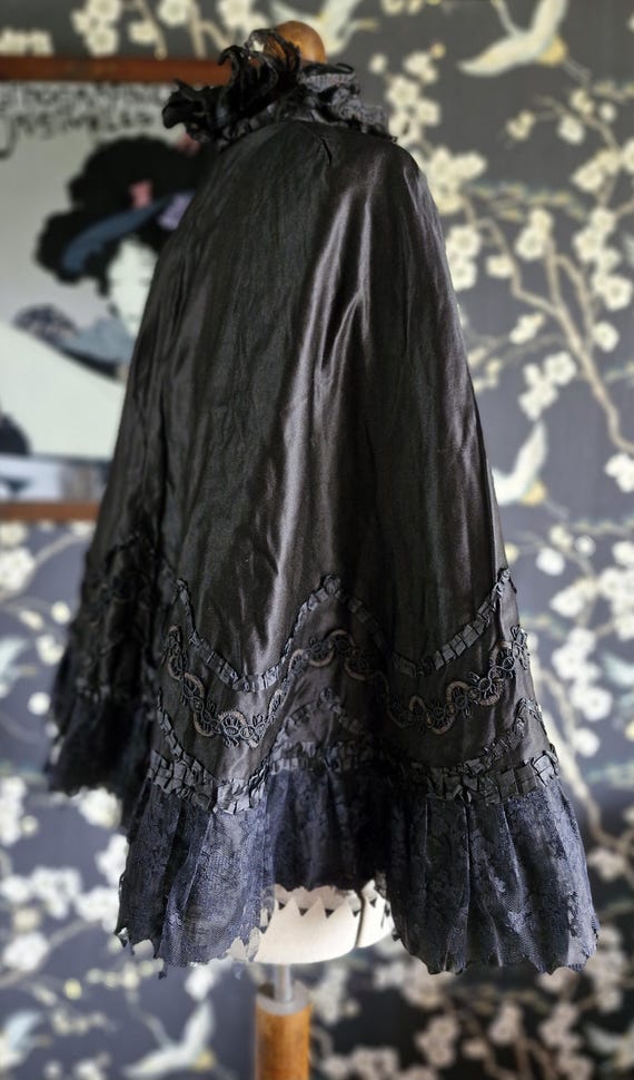 Antique Silk Satin Cape with Silk Ribbonwork, Soutache Detail-1800s Victorian Mourning Cape