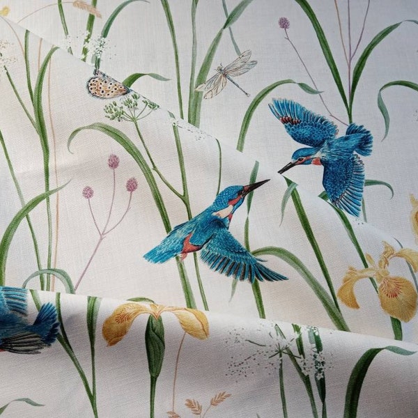 Tejido de algodón Sanderson "Kingfisher and Iris" ~ Colección Sanderson National Trust