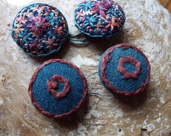Vintage 1930s Embroidered Fabric Buttons: Art Deco Hand-Stitched Set