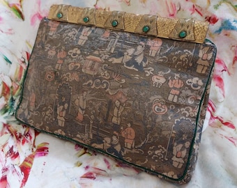 Vintage Art Deco Oriental Silk Brocade Evening Bag-1930s Silk, Metallic Brocade Clutch Bag