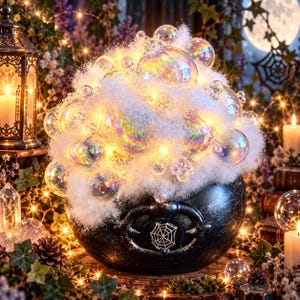 May include: A black cauldron featuring a silver spiderweb emblem on the front, overflowing with white fiberfill and iridescent glass spheres illuminated by warm yellow string lights, creating a glowing, multi-textured display.
