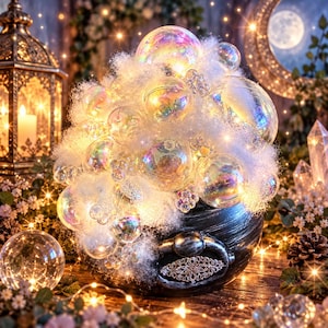 May include: A black cauldron overflowing with iridescent, translucent spheres and white fluffy material, illuminated by warm internal lights. The cauldron features a decorative silver-toned handle and sits amidst a display of small white flowers.