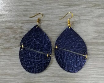 Large Teardrop/Leather/Earrings/Navy/Gold/Jewelry/Geometric/Boho/Edgy/Dangle/Handmade/Style/Fashion/Unique/Women/Gifts for Her