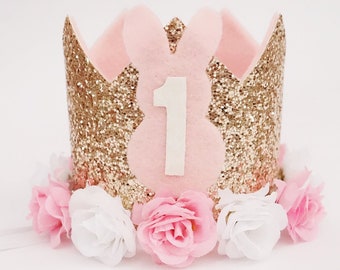 Pink and Gold Baby Girl Crown, 1st Birthday Crown, Baby First Birthday Crown, 1st Girl Birthday Crown, Gold + Pink Crown, Bunny Birthday